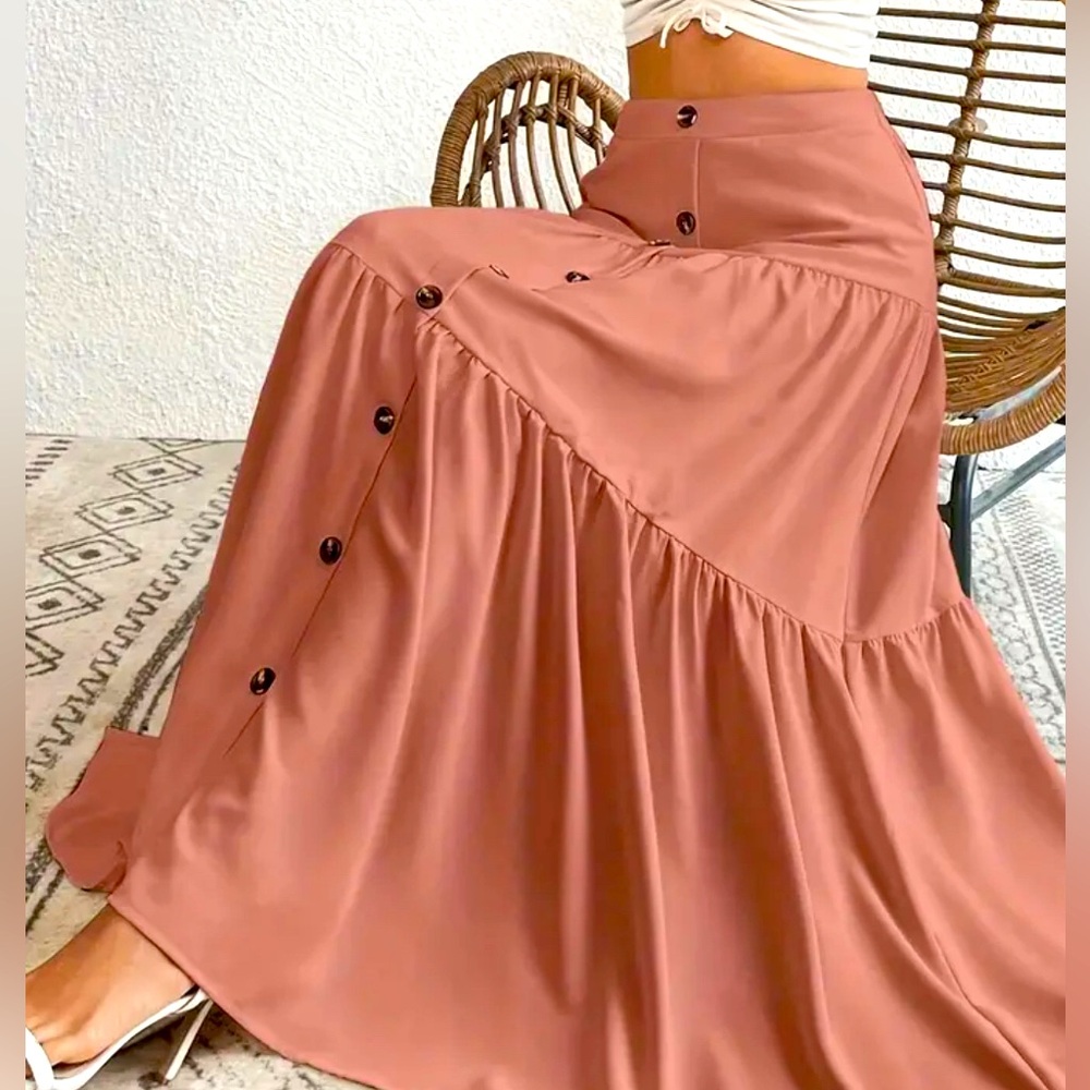 Bohemian Maxi Skirt - High-Waisted, Button-Down Front, Lightweight, coral pink